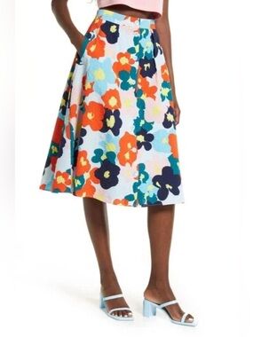 NWT Cristina Martinez Blue Floral Smudge Print Midi Skirt Size 14